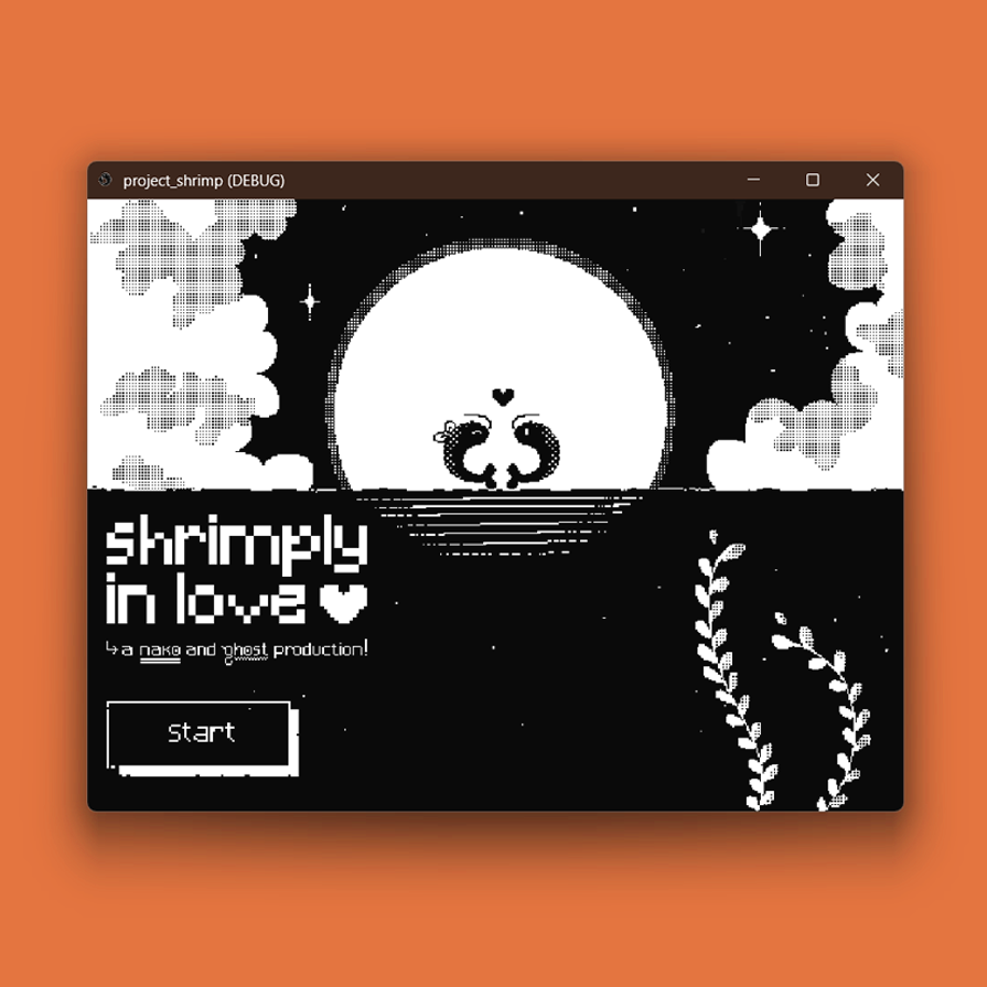 A still from a 1-bit video game featuring two shrimp.