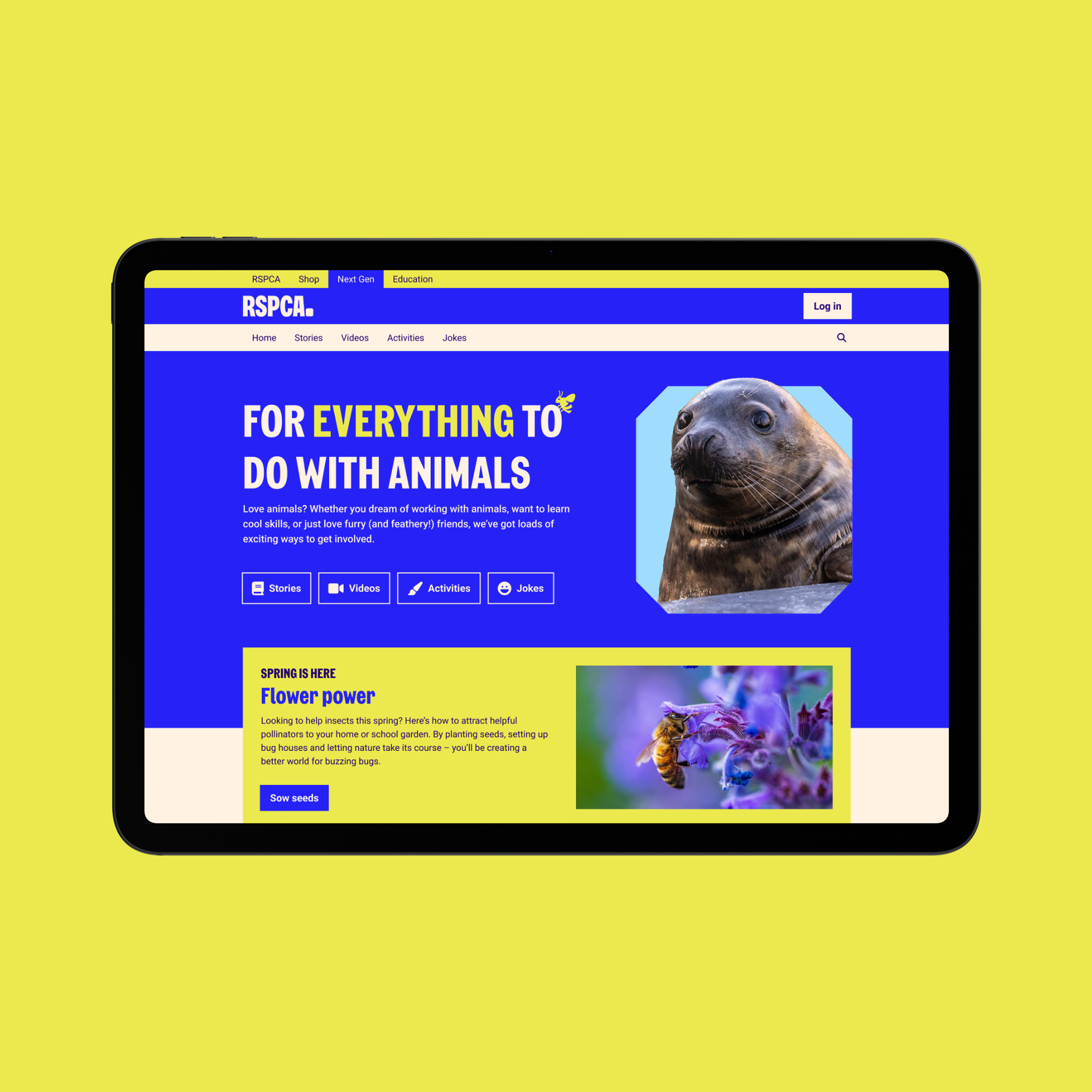 A tablet displaying a colorful website for the RSPCA (Royal Society for the Prevention of Cruelty to Animals). The website features the tagline 'For kids who love animals' and includes various animal-themed icons and images. The tablet is set against a vibrant blue background.